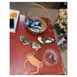 ASSORTED DECORATIVE ITEMS, WICKER BASKET, PLUSH