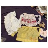 VTG APRONS, EMBROIDERED BIB, STUFFED ANIMAL, LACE