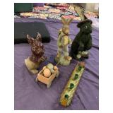 VTG EASTER DECOR, RABBIT FIGURINES, WAGON W/