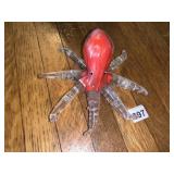 ART GLASS OCTOPUS FIGURINE, CLEAR AND RED GLASS,