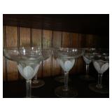 GLASS MARGARITA GLASSES (6), ETCHED WHITE FLORAL