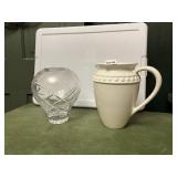 CUT GLASS VASE, HOBSTAR PATTERN, AND PORCELAIN