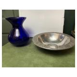 COBALT BLUE GLASS VASE AND THE MILTON CO. PEWTER