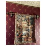 VTG WOVEN TAPESTRY WALL HANGING, CAST METAL