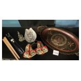 VTG ASIAN DECORATIVE LOT: BRASS PEACOCK TRAY,