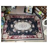FLORAL NEEDLEPOINT RUG, BLACK BORDER, RED