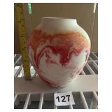 MARBLED ART GLASS VASE, ORANGE AND WHITE SWIRL