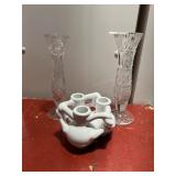 CUT GLASS VASES (2) AND MMA 1991 WHITE PORCELAIN
