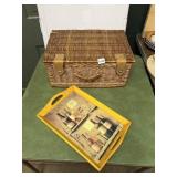 WICKER PICNIC BASKET W/ HINGED LID, WOODEN