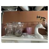 CERAMIC GOOSE FIGURAL VASE, ASSORTED GLASS VASES,