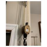 VINTAGE WOODEN DOUBLE BLOCK PULLEY W/ CAST IRON