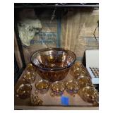 VTG MARIGOLD CARNIVAL GLASS PUNCH BOWL SET W/