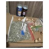 GLASS PEBBLES, WOODEN SHAPES, MINIATURE BOTTLES,
