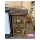 SINGER OAK CABINET, TWO DRAWERS, BRASS RING