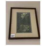 VINTAGE FRAMED PRINT, MOUNTAIN LANDSCAPE W/