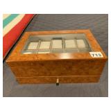 MELE & CO. WATCH BOX, BURL WOOD FINISH, GLASS