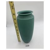 MATTE GREEN GLAZED POTTERY VASE, RIBBED TEXTURE,