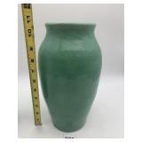 MATTE GREEN GLAZED POTTERY VASE, CYLINDRICAL