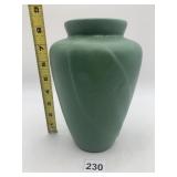 MATTE GREEN GLAZED POTTERY VASE, SWIRL RELIEF
