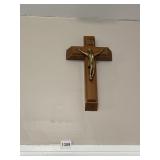 WALL CRUCIFIX, WOOD CROSS, BRASS CORPUS, INRI