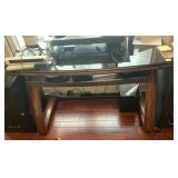 CONTEMPORARY DESK, GLASS TOP, CURVED WOOD LEGS,