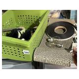 PLASTIC STORAGE BASKET, CARDBOARD CAT SCRATCHER,