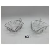 VINTAGE CRYSTAL FOOTED BOWLS W/ HANDLES, ETCHED