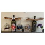 WINE HOLDERS TWO WINE BOTTLES, FOUR HAND-PAINTED