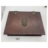 VINTAGE WOOD STORAGE BOX, HINGED LID W/ BRASS