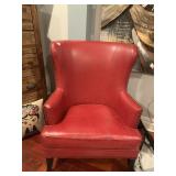 WINGBACK CHAIR, RED FAUX LEATHER UPHOLSTERY,