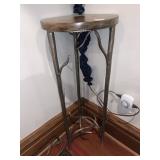 RUSTIC STYLE PLANT STAND, ROUND WOOD TOP, FORGED