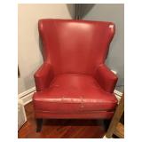 RED LEATHER WINGBACK CHAIR, NAILHEAD TRIM, DARK