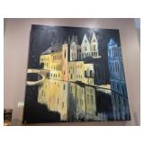 OIL PAINTING ON CANVAS, CITYSCAPE AT NIGHT,