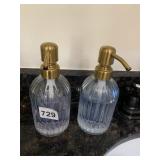 RIBBED GLASS SOAP DISPENSERS, BRASS-TONE PUMPS,