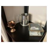 COPPER URN W/ HANDLES, PEWTER TANKARD, GLASS