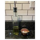 GLASS OIL CRUET W/  POURER, POTTERY SALT CELLAR