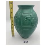VAN BRIGGLE POTTERY VASE, GREEN GLAZE, MOLDED