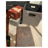 ASSORTED STORAGE CONTAINERS (3) AND FAUX LEATHER