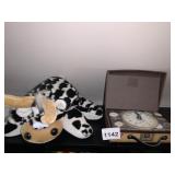 PLUSH COW TOY, VINTAGE STYLE CLOCK FACE IN