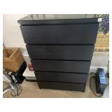 MODERN BLACK WOODEN DRESSER W/ GLASS TOP, FIVE
