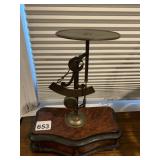 VINTAGE BRASS POSTAL SCALE, WOOD BASE W/ DRAWER.