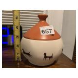 VINTAGE CERAMIC COVERED JAR, CREAM BODY W/ BROWN