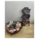 WILTON HEART CAKE PANS (2), WICKER BASKET,