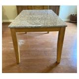 DINING TABLE, FAUX GRANITE TOP, OAK FINISH LEGS.