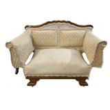 VTG UPHOLSTERED SETTEE, CREAM DAMASK FABRIC,