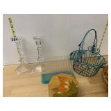 CRYSTAL CANDLESTICKS (2), ACRYLIC NAPKIN HOLDER,