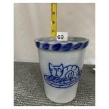 SALT-GLAZED STONEWARE CROCK, BLUE CAT MOTIF,