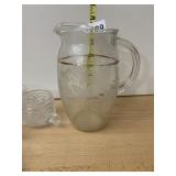 GLASS PITCHER W/ ETCHED GRAPE VINE MOTIF AND GOLD