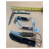 ASSORTED POCKET KNIVES AND FIXED BLADE KNIFE.