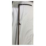 VTG FARM SCYTHE W/ WOODEN HANDLE AND METAL BLADE.